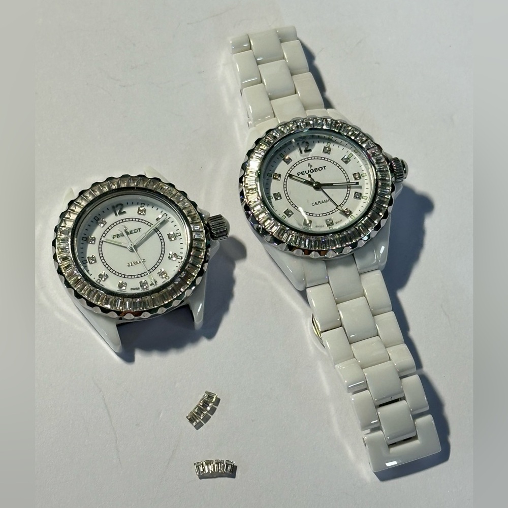 Peugeot White Rhinestone Ceramic Watch & Replacement Dial Lot (Repair Needed)